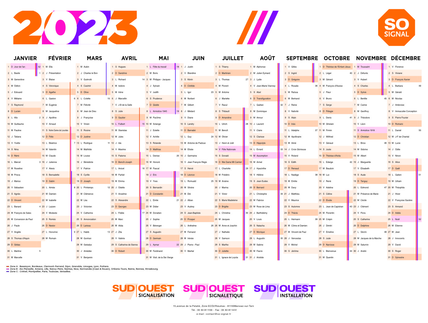 Calendrier 2023 pour Sud Ouest Signalisation